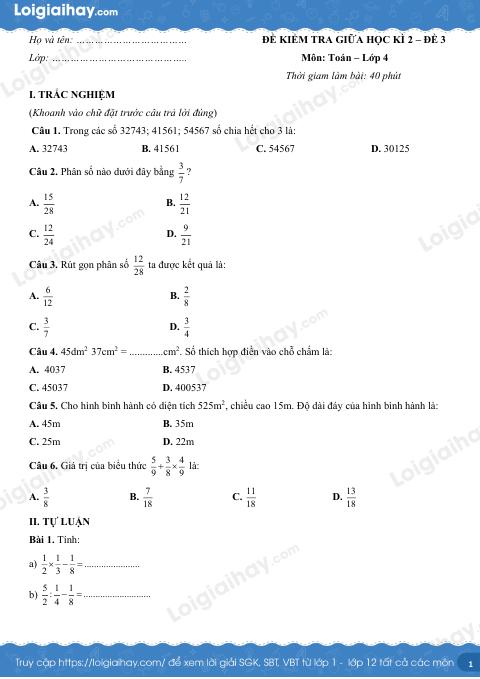 Đề số 3 - Đề kiểm tra giữa học kì 2 - Toán lớp 4